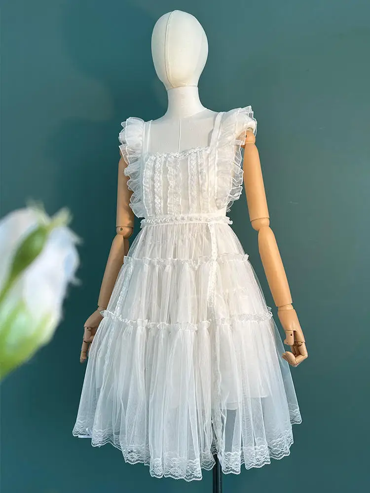 Japanese Sweet Lolita Sheer Mesh Lace Ruffled JSK Dress Women Summer Sleeveless Kawaii Cute Strap Princess Party A-line Dresses