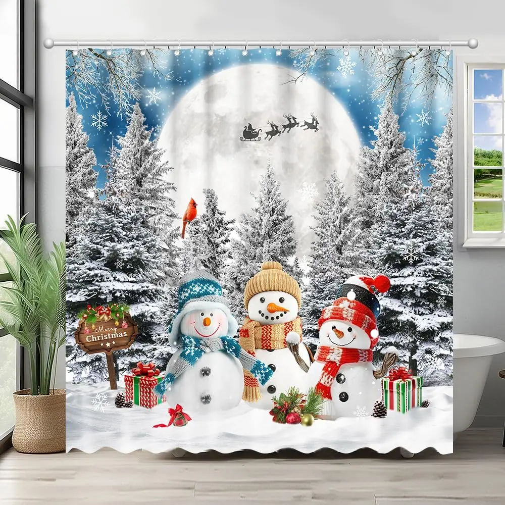 

Christmas Snowman Shower Curtain Winter Wonderland Snowman Home Bathroom Decorations Santa Xmas Moon Bathtub Curtain Set with