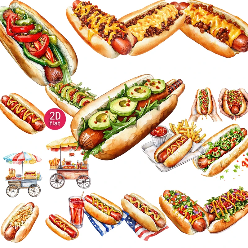 20pcs 2D  Hot Dog Food, Cartoon Hand-drawn, Stickers, Suitable for diaries and DIY scrapbook stickers