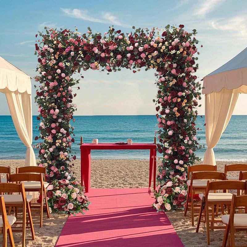 Red Pink White Rose Green Leaves Arrangement Floral Outdoor Wedding Backdrop Flower Arch Frame Deco Floral Ball Event Party Prop