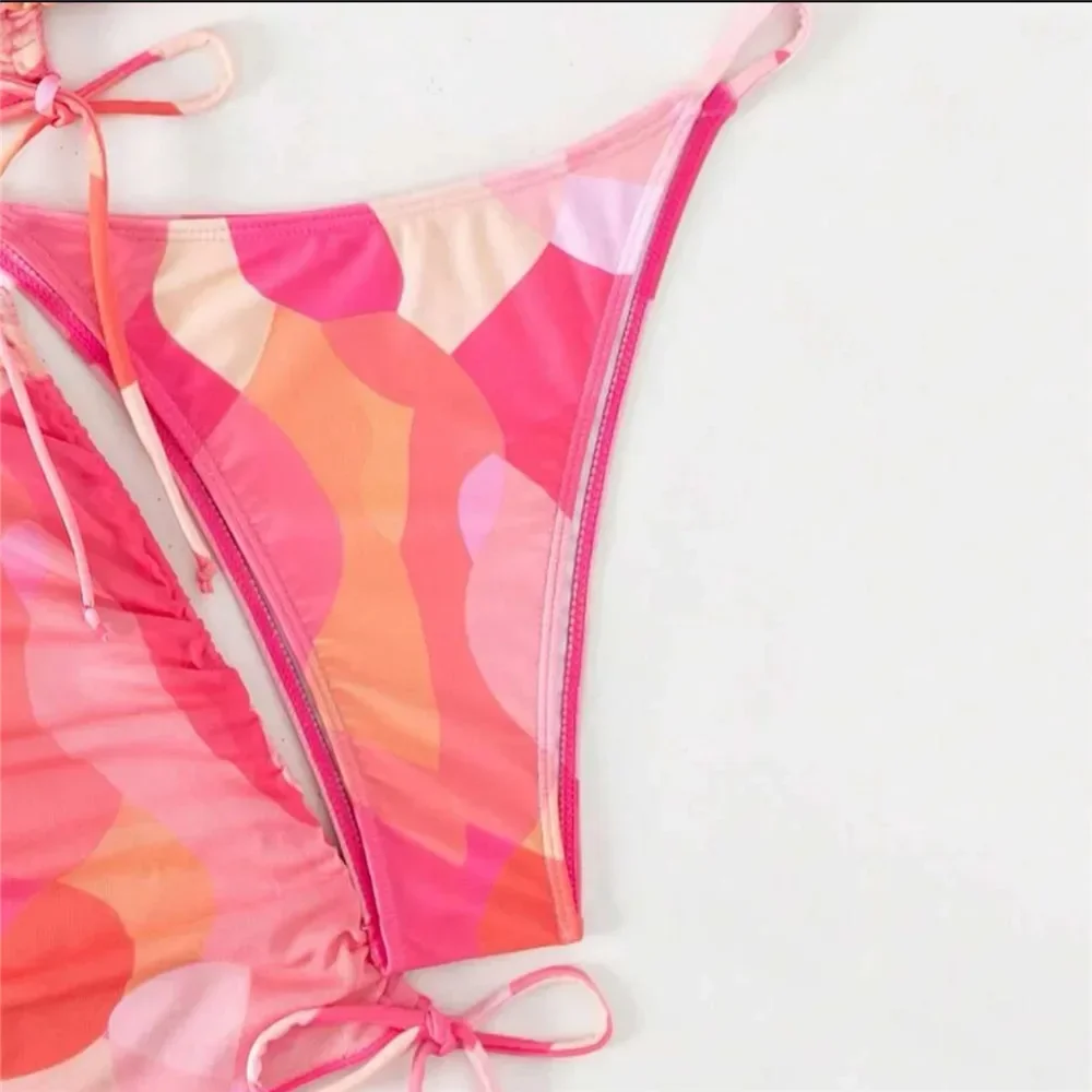 Roze tie-dye print 4-delige bikini's sets badmode cover-up mesh tops rokken sexy badpak vrouwen string halter bikini strandkleding