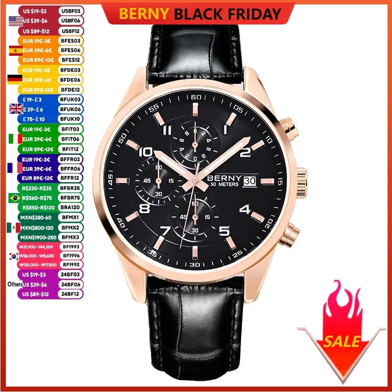 BERNY Watches for Men 42mm Quartz Chronograph Men's Watch Sapphire fashion Date Luminous Multi-function Timing Sport Wristwatch