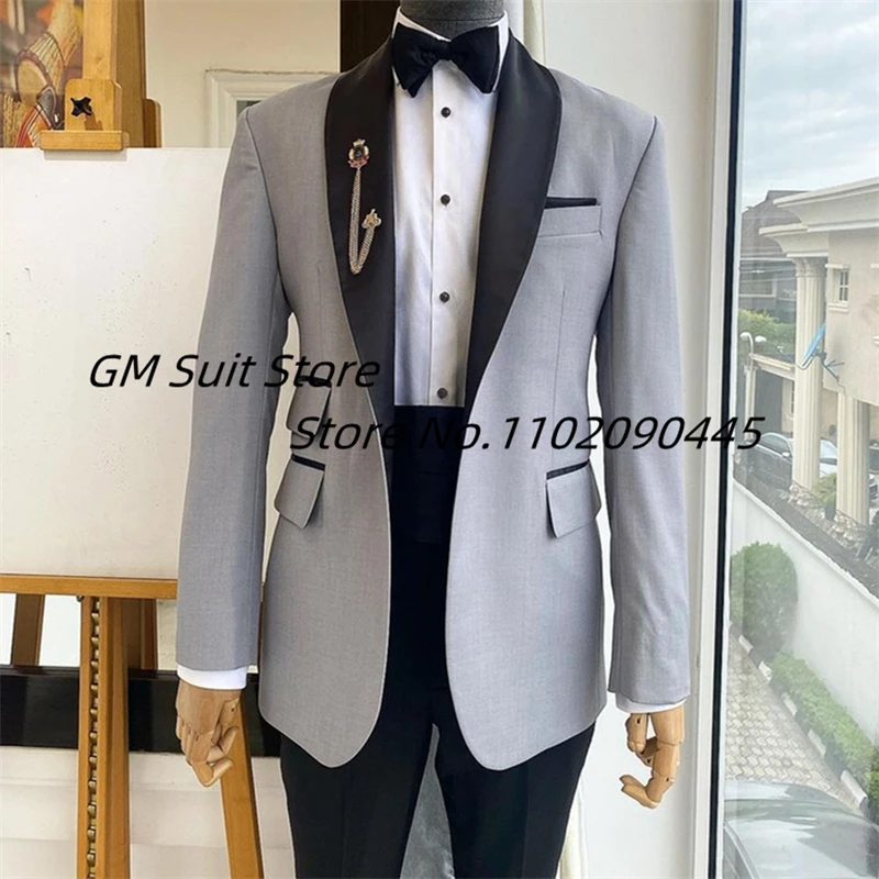 

Male Clothes New 2022 Shawl Collar Slim Fit 1 Button Tuxedo 2 Pieces Grey Blazers Luxury Man Suit For Wedding (Jacket +Pants)