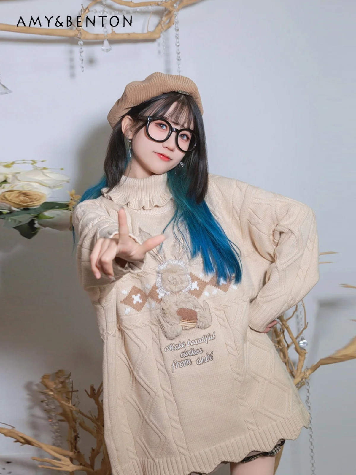 

2025 Autumn Winter New Women's Cute Rabbit Embroidery High Neck Pullover Sweater Loose Versatile Sweet Apricot Knitted Sweater