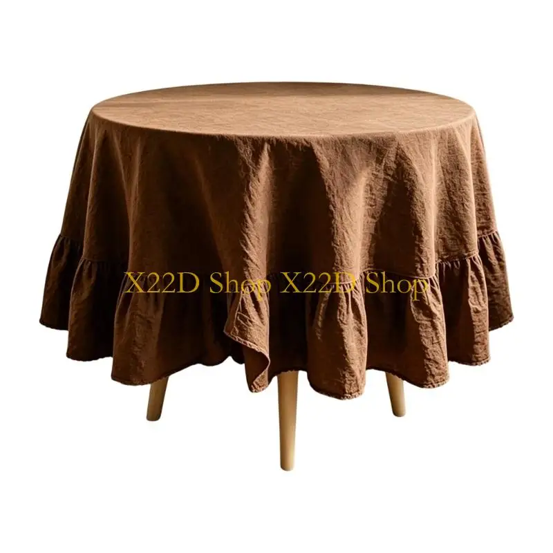 X22D Round Dining Tablecloth with Ruffled Farmhouse Washable Table Cover for Kitchen Banquet Table and Family Meals