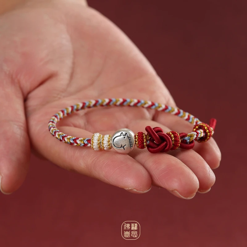 

999 Fine Silver Chinese Zodiac Horse Benmingnian Zodiac Year Bracelet with Triple Harmony Fortune Beads Hand-Knitted Red String