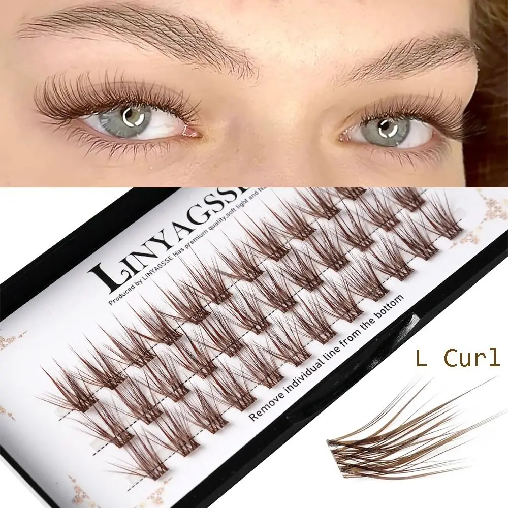 Extensions de cils L Curl marron, cruelty-free, en grappes, avec bande transparente naturelle, effet wispy, 10~14MM, outil pour extensions de cils