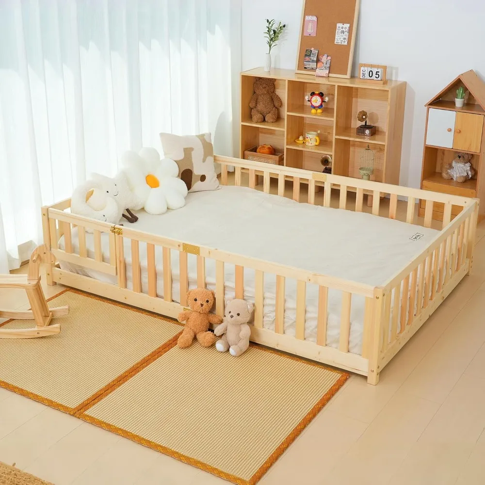 

NAIZEA Full Floor Bed for Kids-Full Montessori Bed Frame with Wood Slats and Door and Slats, Wood Toddler Floor Beds for Girls a