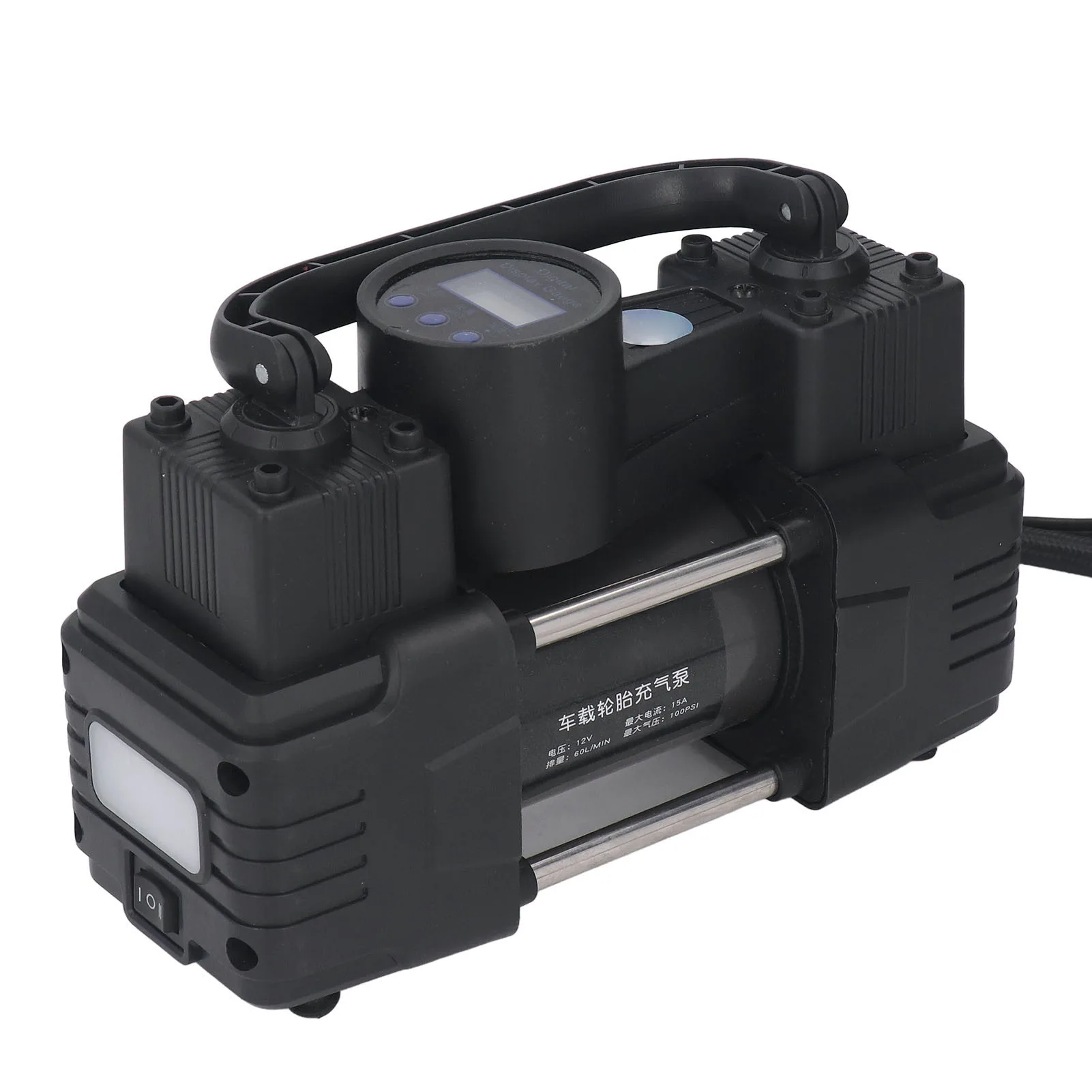 

12 В воздушный компрессорный насос со светодиодной подсветкой, цифровой дисплей, измеритель 100PSI, двухцилиндровый автомобильный насос для накачивания шин, автомобильные аксессуары