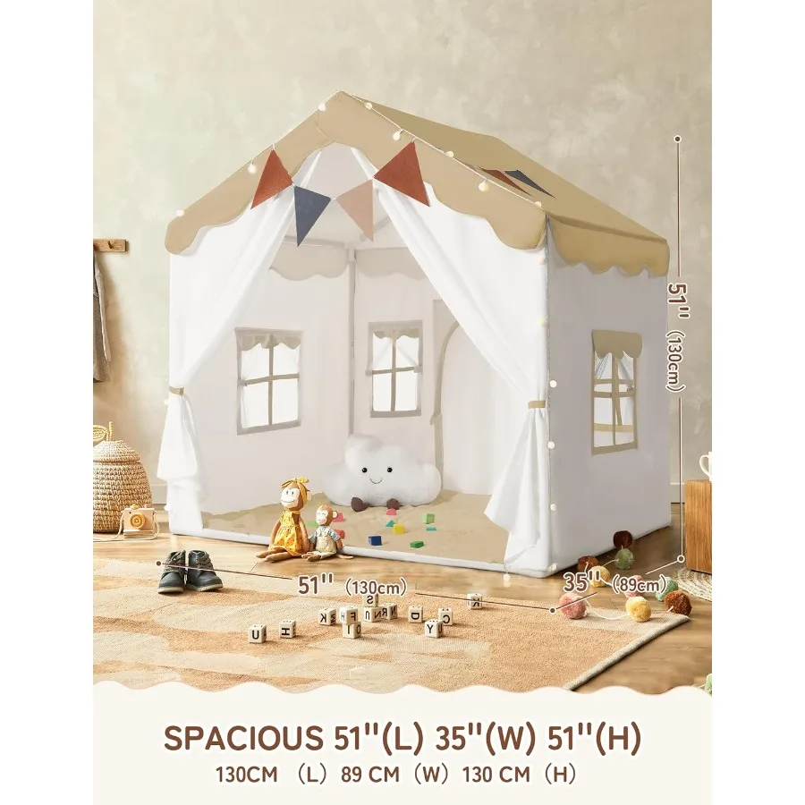 Play Tent 2 in 1 with Padded Mat and Lights Large Indoor Outdoor Playhouse with 2 Doors 4 Windows Christmas Toddler Tent Brown