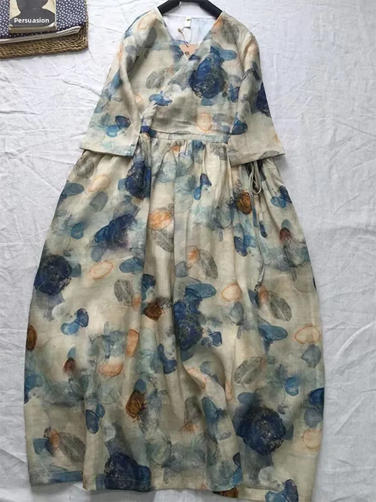 

Retro Spliced Color Printed Flax ort Sve Dr Large Size Women's Faionable V-Ne Waist Cinched A-Line Skirt