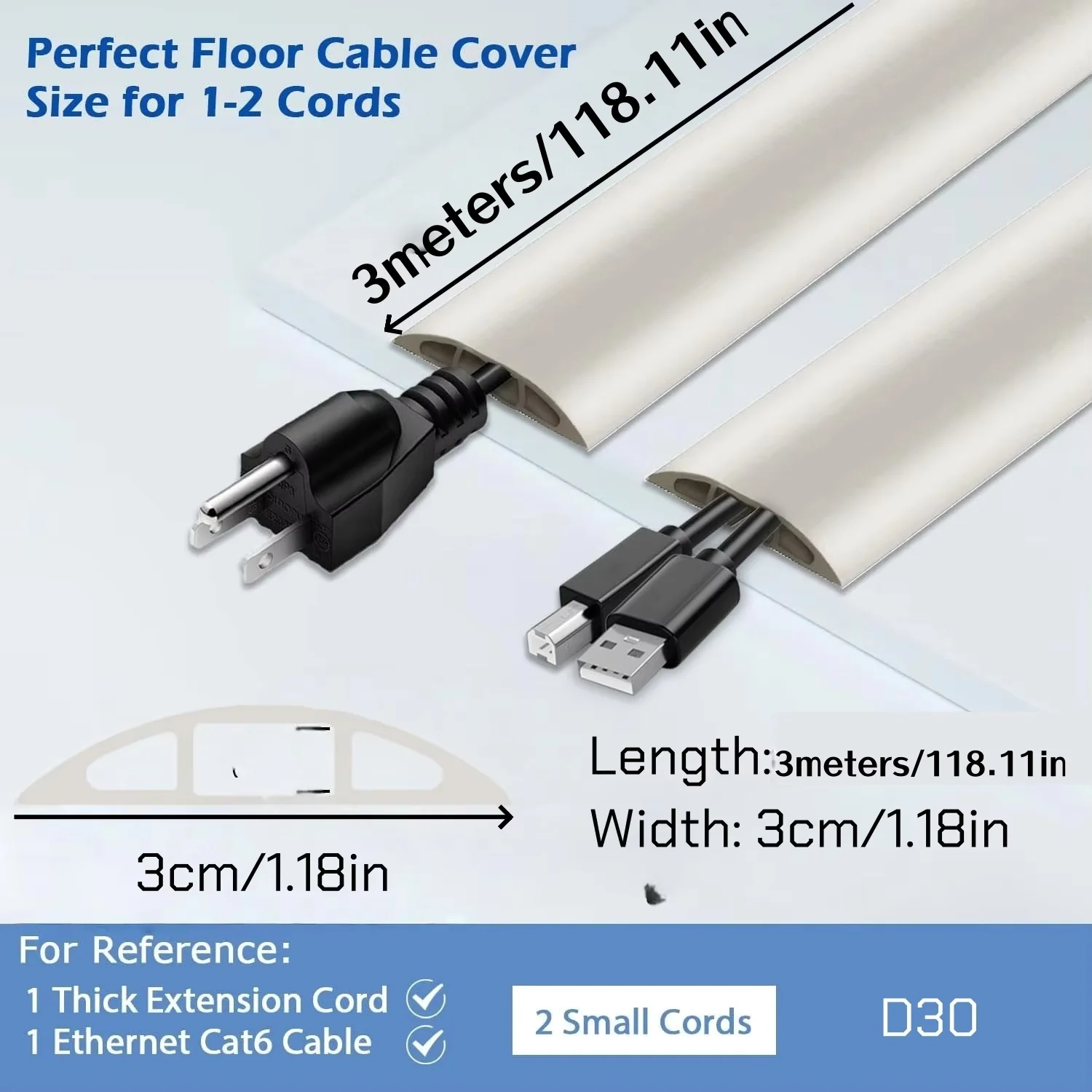 1PC 3m/118.11in Floor Cord Cover, Cord Hider Floor Black, Cable Management Cover Prevent Cable Trips, Wire Covers for Electric
