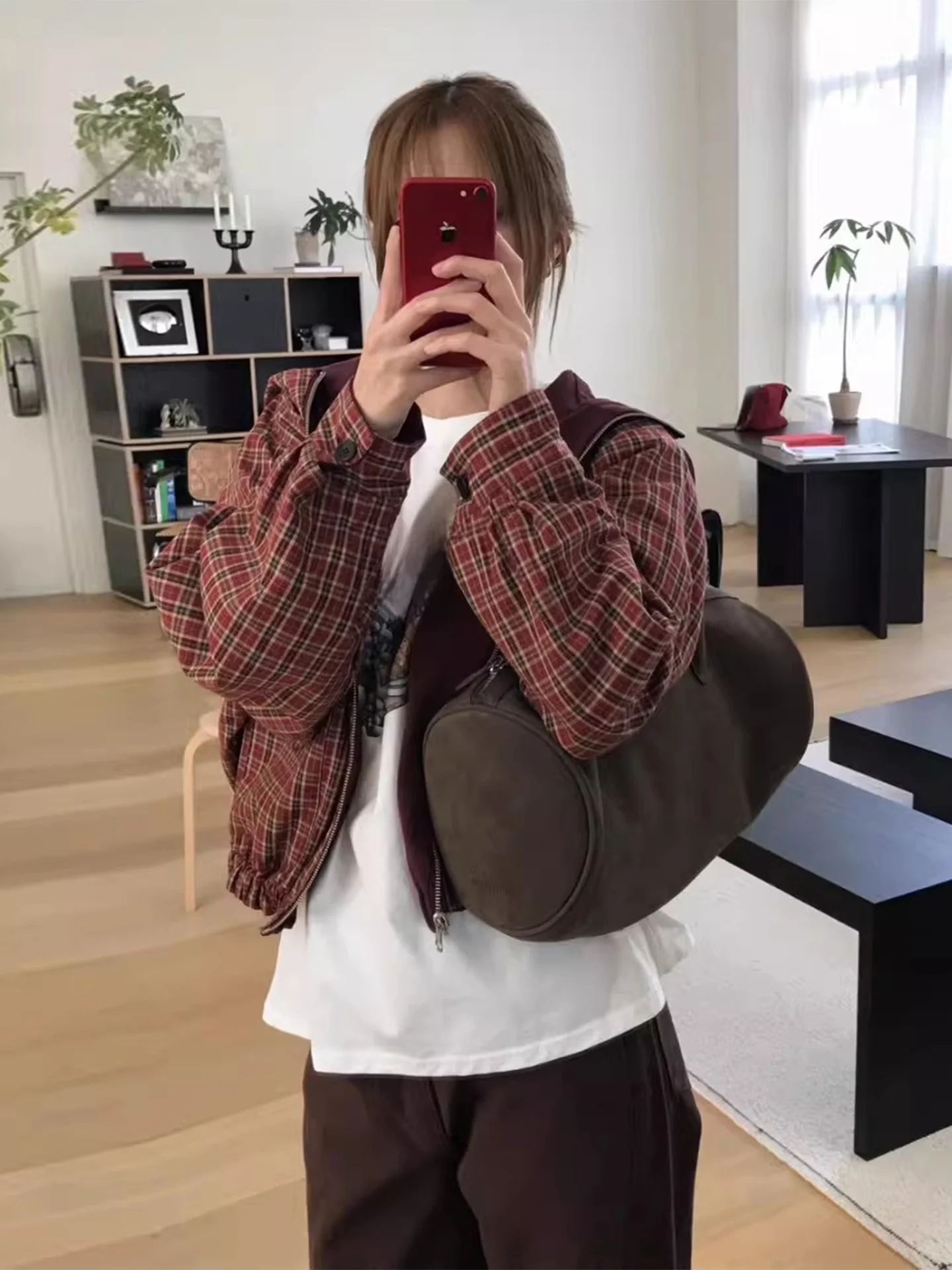 Retro anti-envelhecimento xadrez com capuz jaet feminino dupla face usar dstring ort solto outerwear fibra de poliéster longo sve