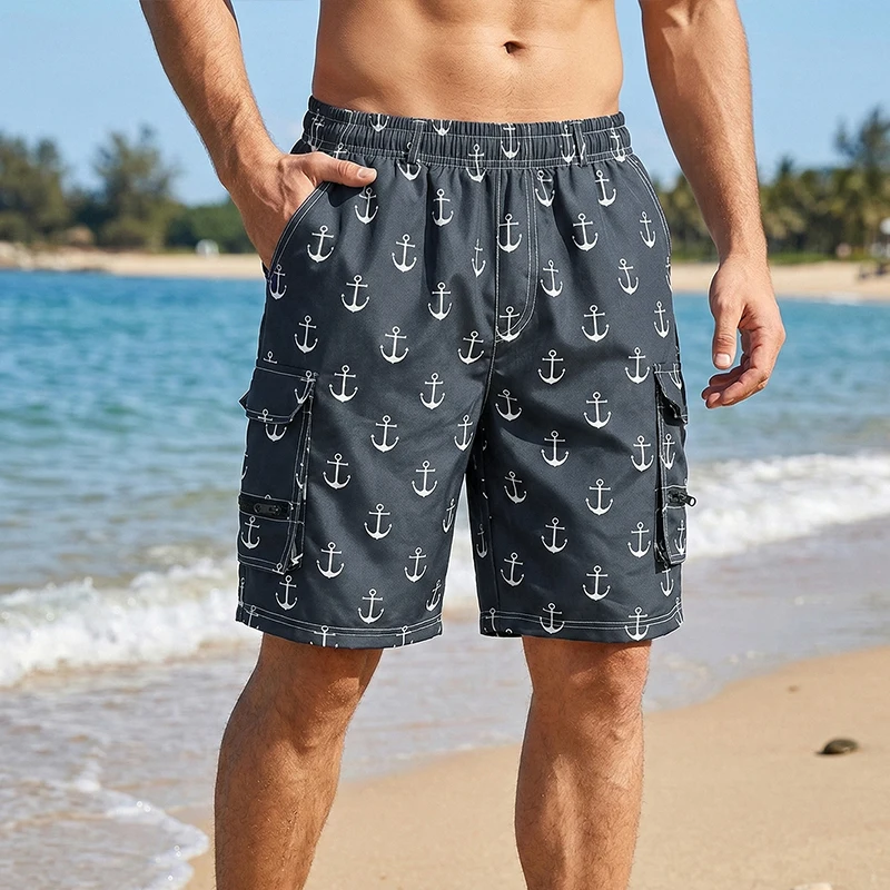 Mens All Over Print Beach Shorts with Multi Pockets Summer Quick Dry Board Shorts with Internal Drawstring Swim Trunks Swimwear