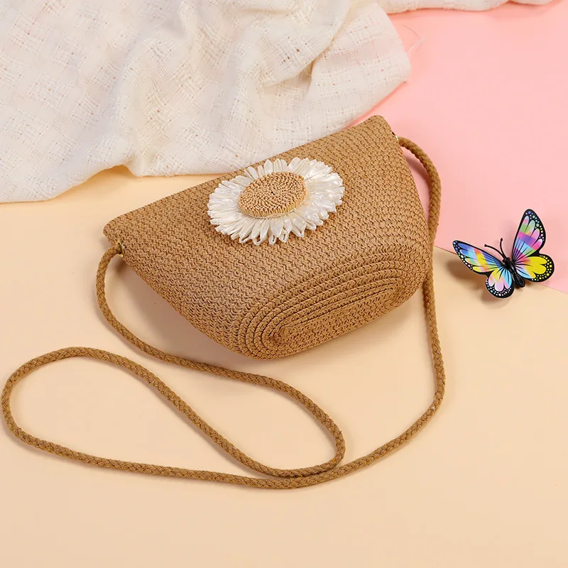 سستة زهرة القش حقيبة محفظة نسائية للعملات المعدنية لطيف حقيبة ساع سلة التخزين اليدوية المنسوجة المرأة حقيبة كروسبودي حقيبة يد #5