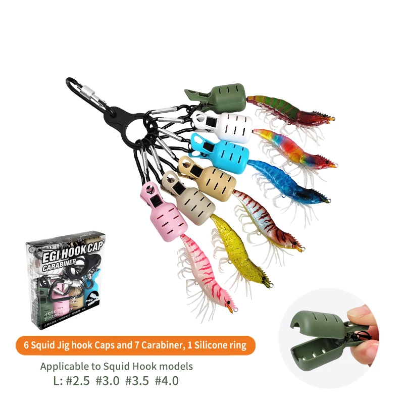 

New Squid Jig Bait Protector Kit 6pcs Webfoot Octopus Egi Hooks Cover Cuttlefish Umbrella Lure Cap with Carabiner Fishing Tackle