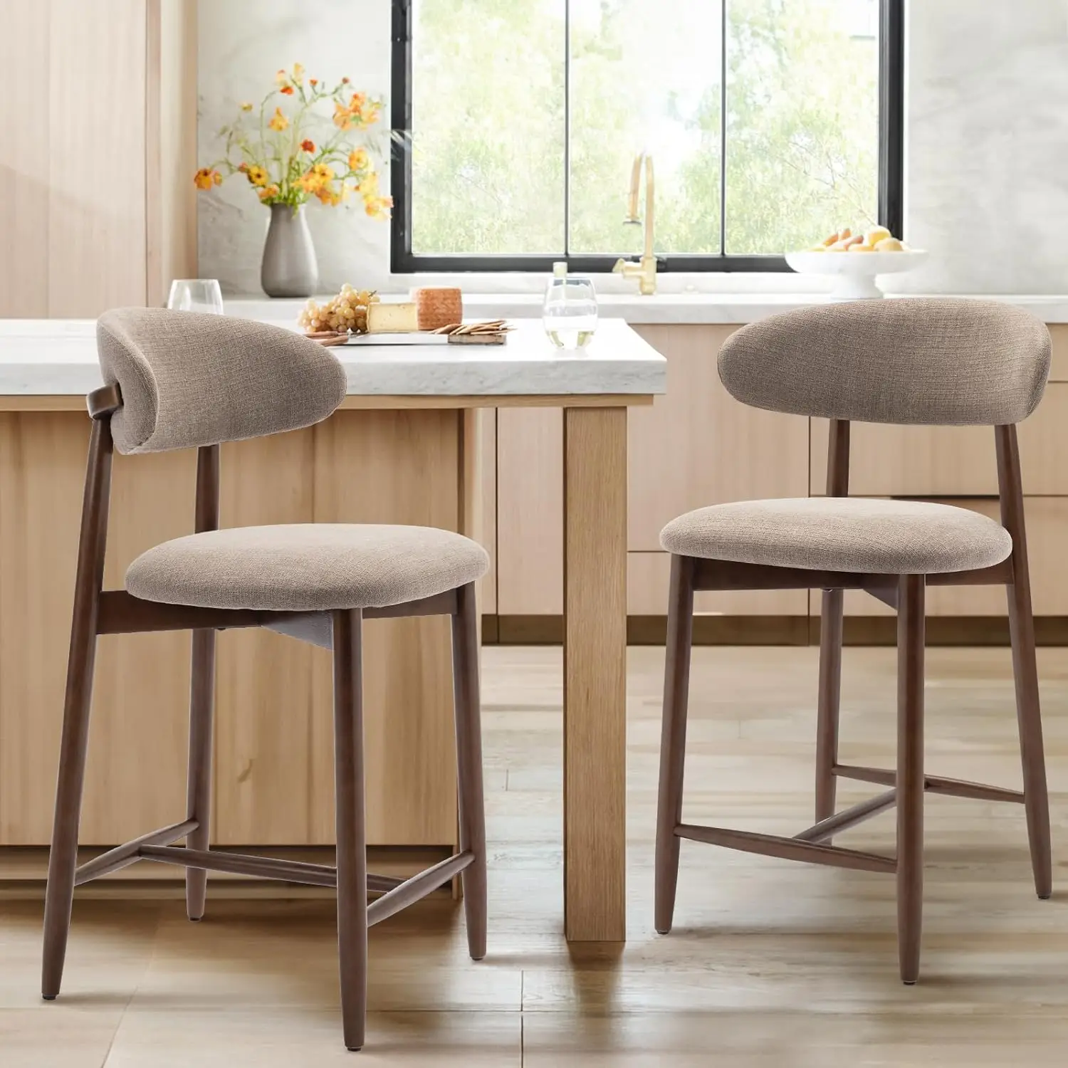 

Bar Stools Set of 2, Counter Height BarStools with Back, Mid Century Modern Upholstered, with Wood Legs for Kitchen Isl