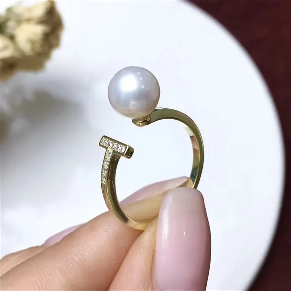 

DIY Pearl Accessories S925 Sterling Silver Ring Empty Support Fashion K Gold Version Ring Support Fit 7-9mm Round Flat Beads