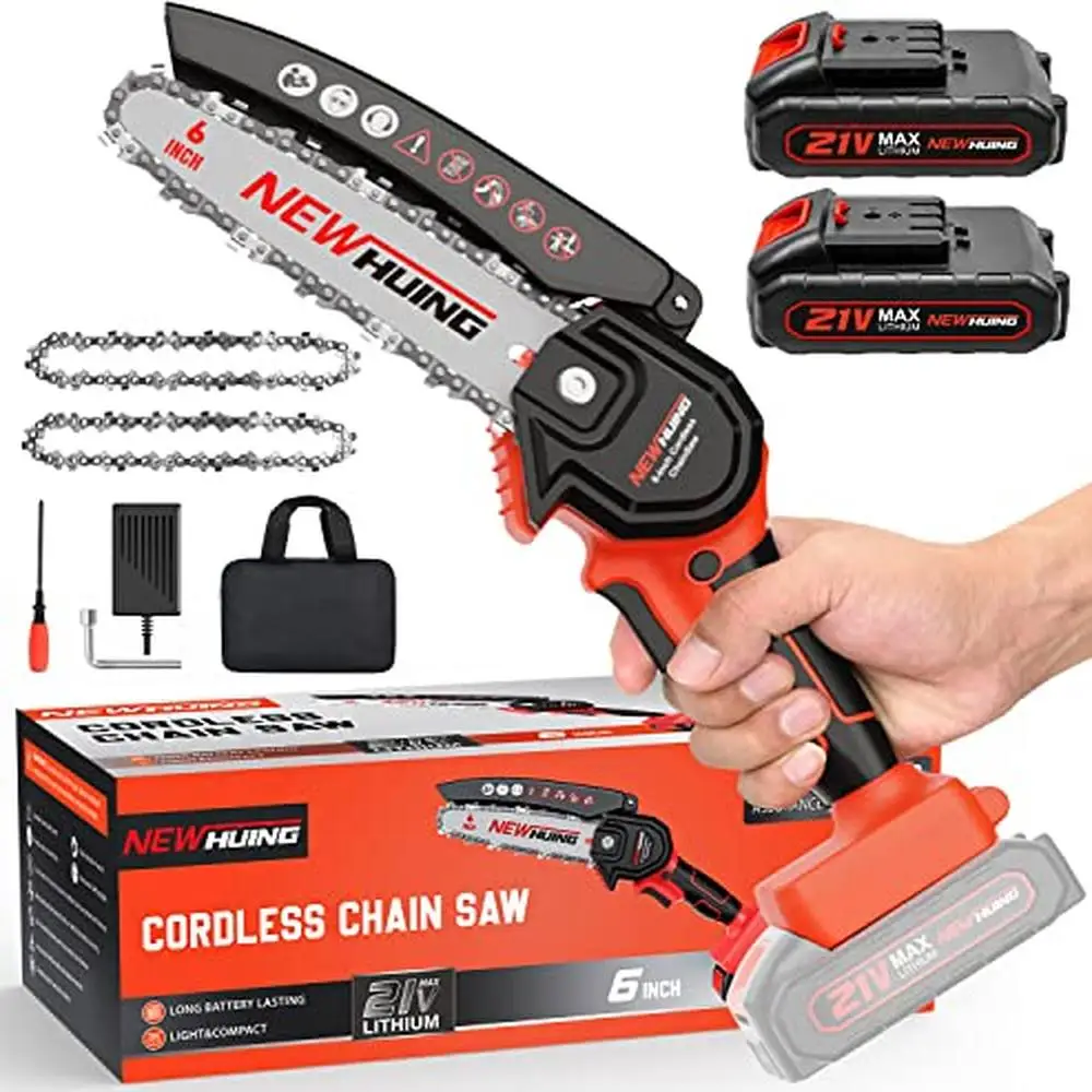 

Portable Electric Chainsaw 6-Inch 21V Cordless Power Tool Kit with 2 Batteries Lightweight Handheld Tree Saw High-Efficiency