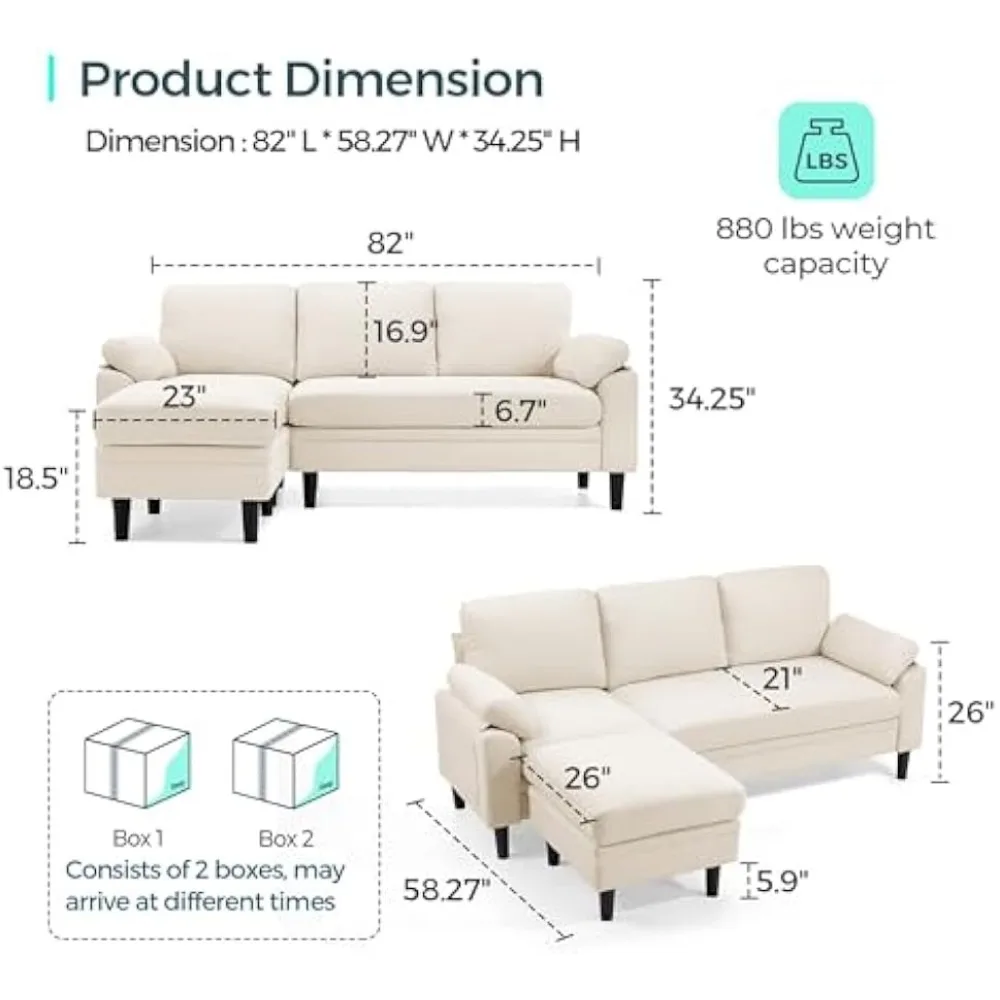 Reversible Sectional , 3 Seater L -Shaped Sofa , Comfy Sectional Couch with Storage Bag & Sleepable Armrest for Living Room