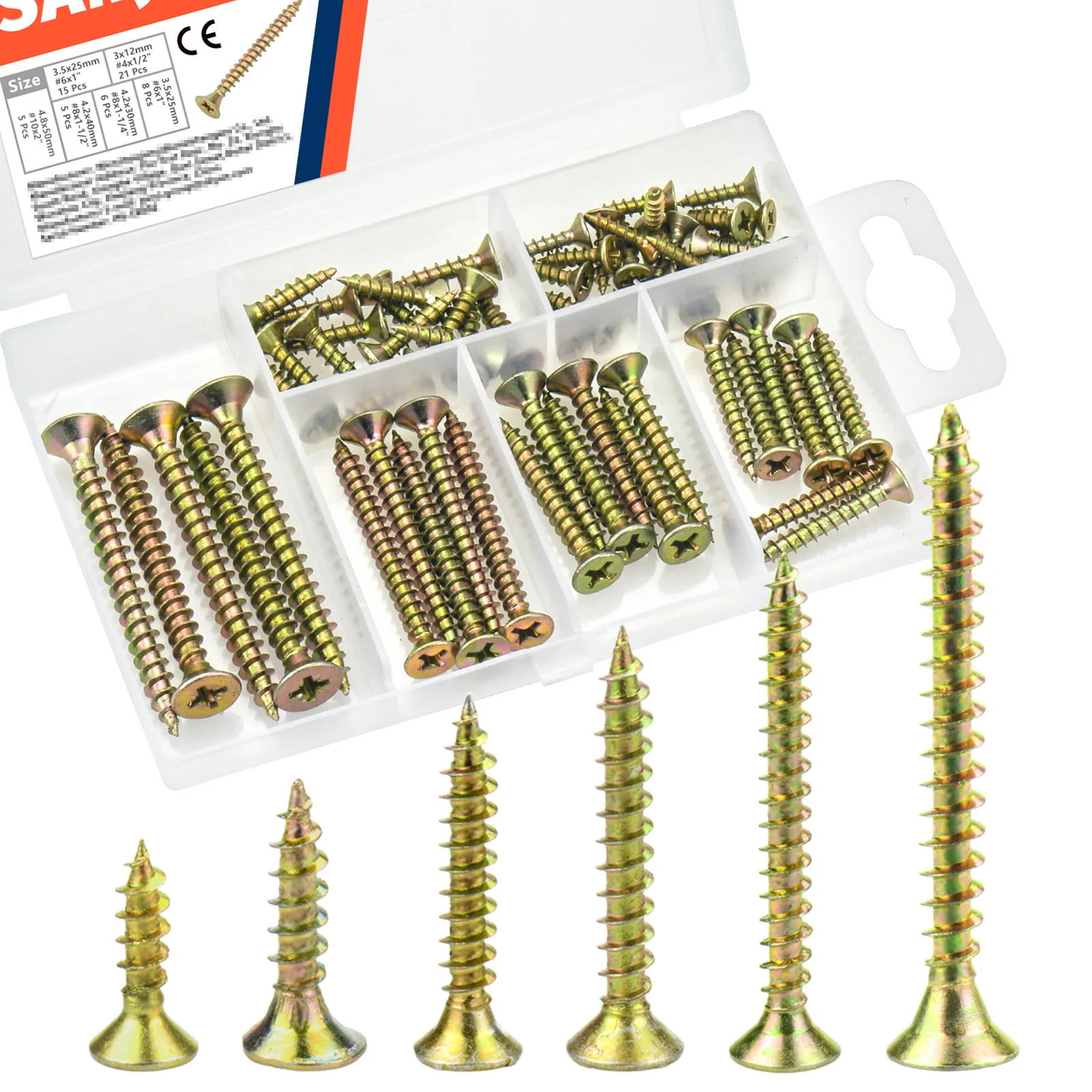 

High Hardness Wood Screws Assortment Kit 60 Pcs Phillips Drive Flat Head Coarse Thread Screws Assortment Screw Set (6 Sizes)