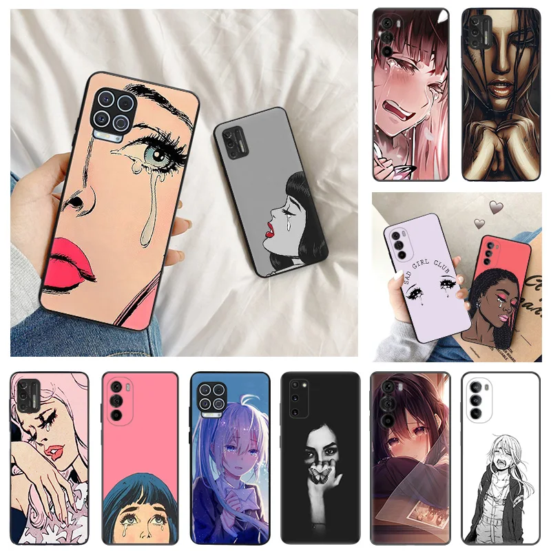 Ultra Thin Black Phone Case for Motorola G9 Edge 20 30 40 G50 G51 G60 G71 G22 G32 G52 G72 G53 G73 Cartoon Sad Tearful Girl Cover