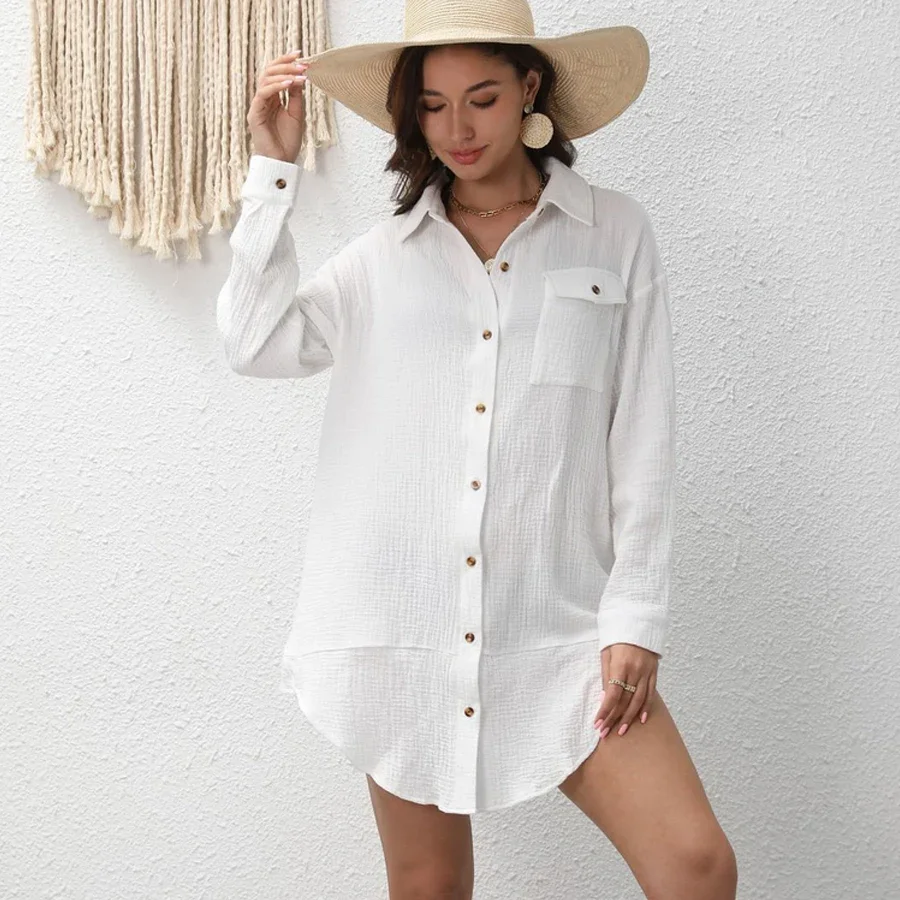 

High Quality Pure Cotton Summer Swimsuit Cover Ups Long Sleeve Shirt 2025 Long Sexy Beach Polka Maxi Beach Dress Women Beachwear