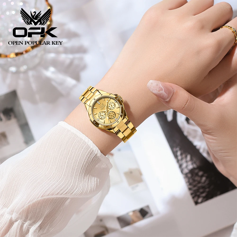 OPK 6001 Wristwatch for Women Fashion Trends Stainless steel Strap Waterproof   Full Gold Watches