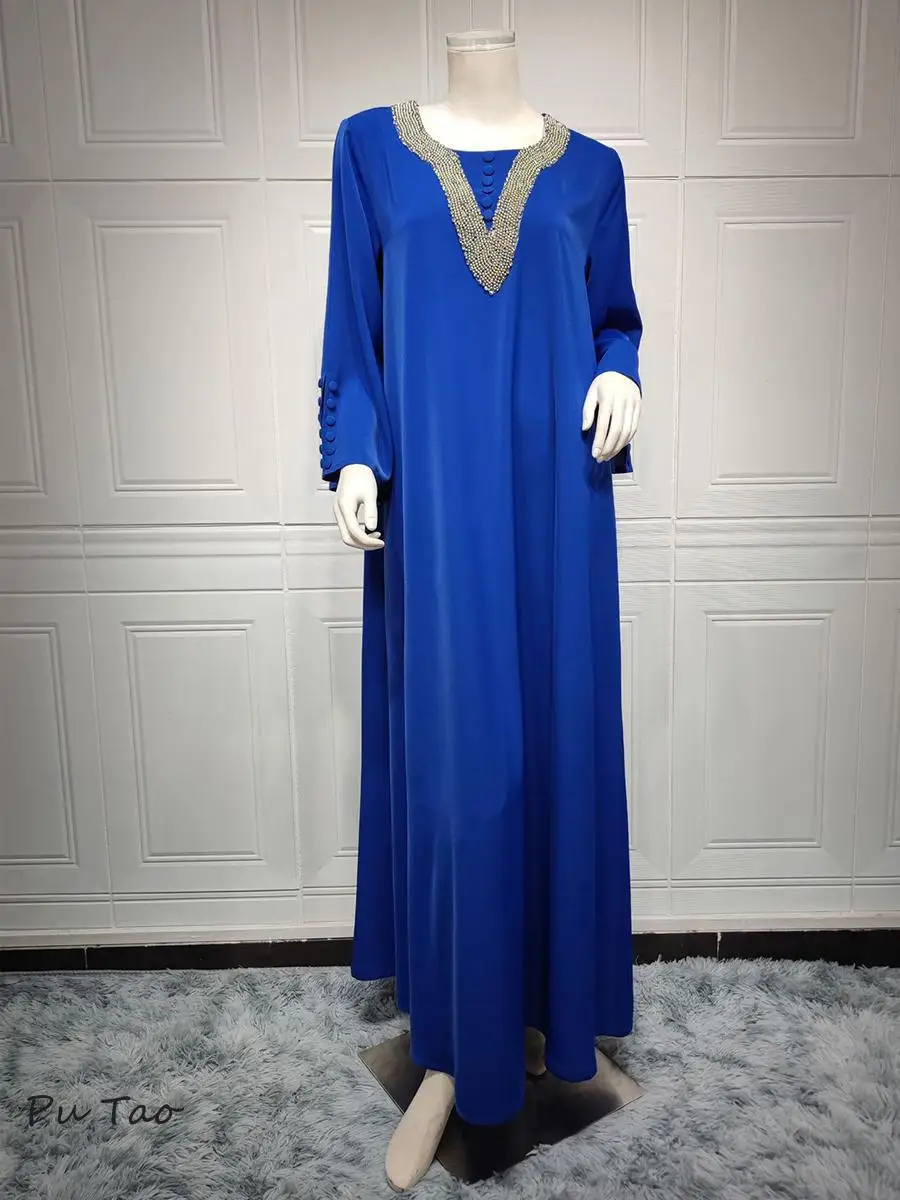 Marocco imprezowa sukienka dla kobiet moda diamentowe guziki dekoracja z długim rękawem na imprezę bal sukienka Ramadan muzułmanki Maxi Vestidos