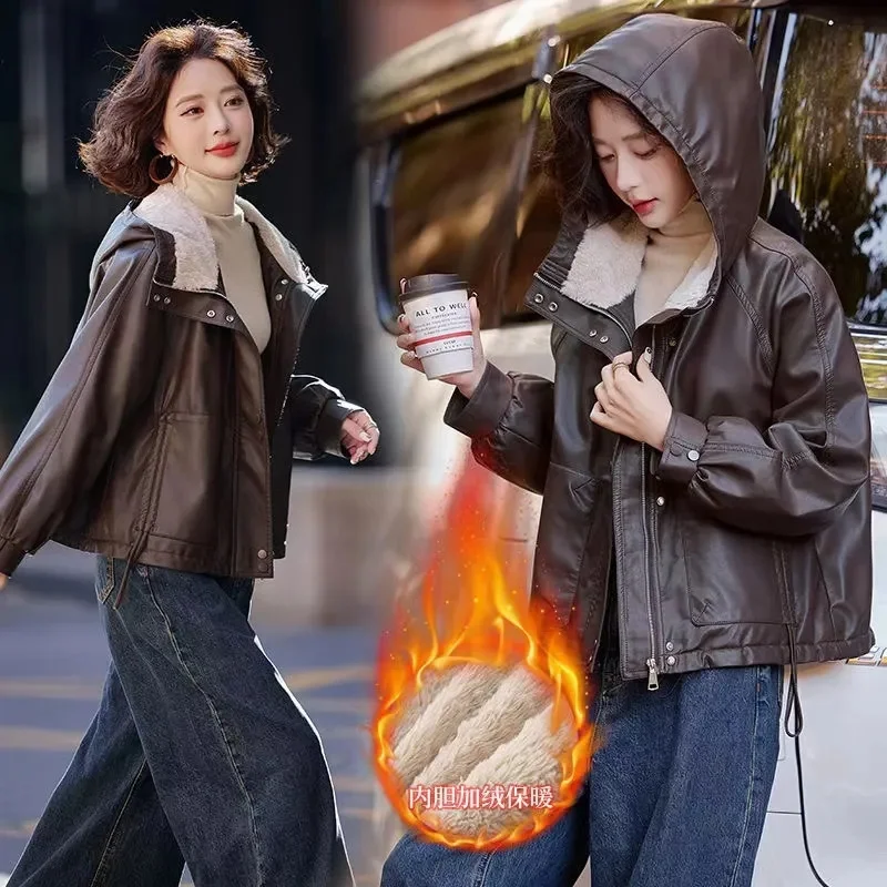 

Korean Ladies Patchwork Faux Leather Coat Autumn Winter Women Velvet PU Leather Jacket 2025 Female Long Sleeves Hooded Outcoat