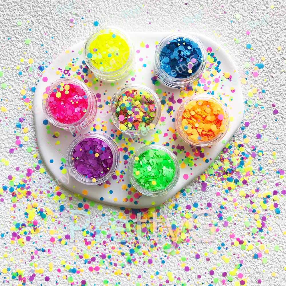 PrettyG 6-Color Set Box Neon 123mm Hexagon Chunky Mixes Glitter Fluorescent Glitter Luminous Sequins For Nail Art Decoration 4