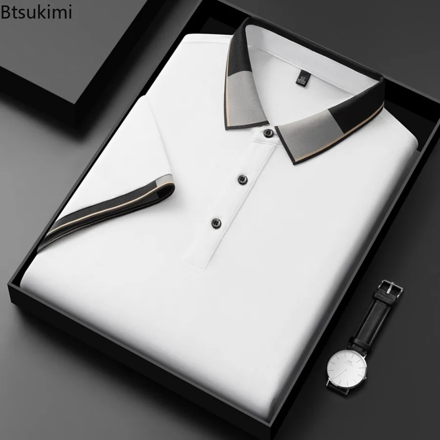

2025 Summer Mulberry Silk Short-sleeved T-shirt for Men Fashion Patchwork Design Business Casual Polo Shirt Men Social Golf Tops