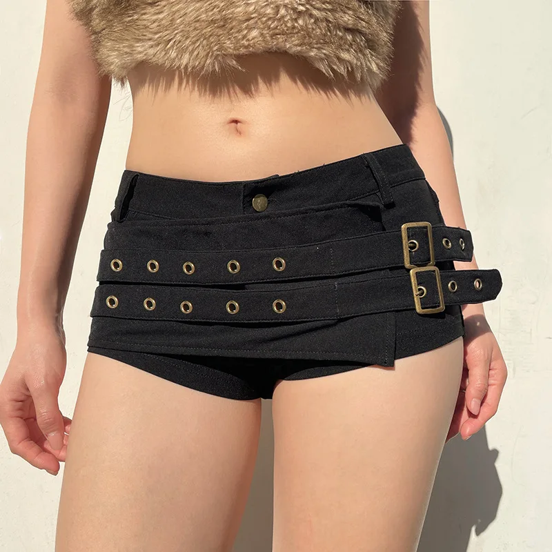 Goth Dark Punk Style Metal Buckle Ultrashort Pants Mall Goth Low Waist Skinny Shorts Cyber Y2K Streetwear Women Alt Hot Pants