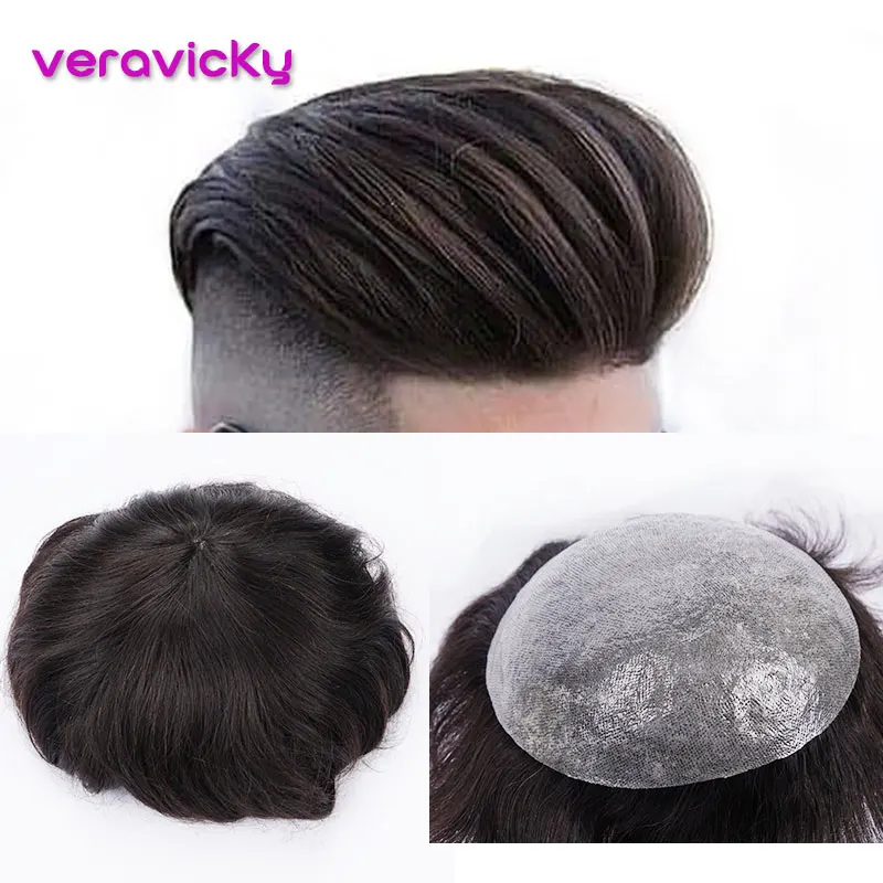 

Veravicky 6Inch Men Toupee Human Hair Replacement System Thin skin PU Hair Toppers Hairpiece 7"X9" Straight Hair For Men