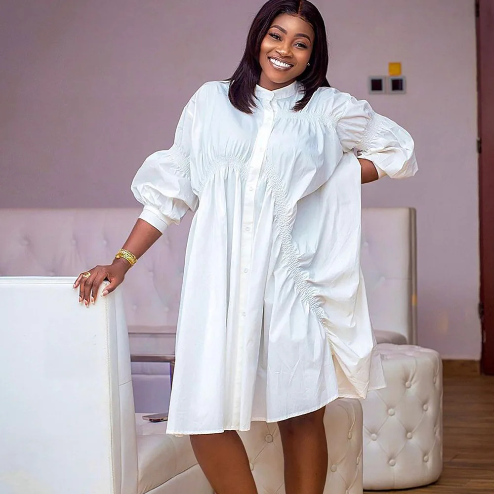 

Spring new solid color pleated temperament large size shirt dress temperament simple sexy high-end clothing dance costume