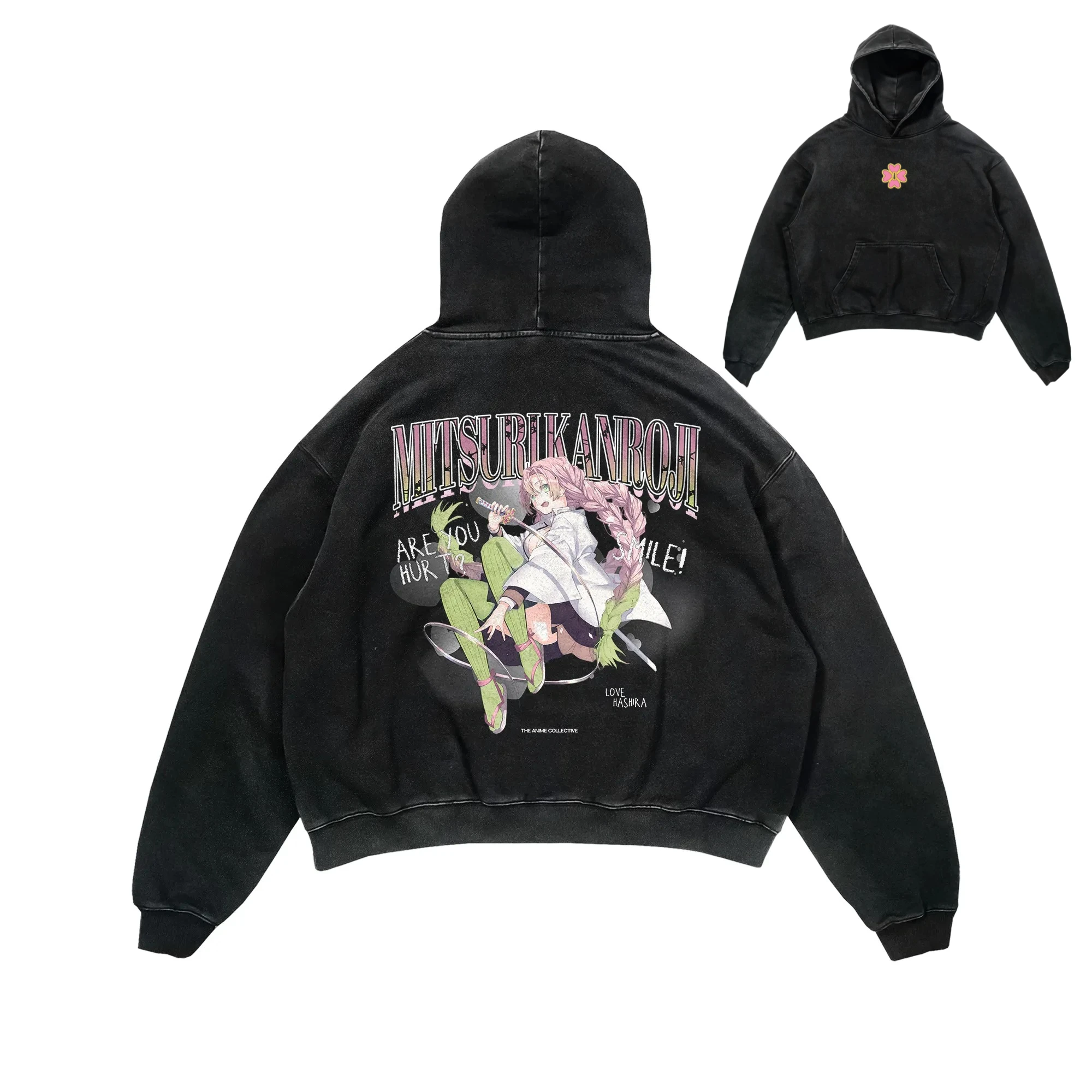 

Mens Vintage Washed Cotton Hoodie Anime Demon Slayer Character Graphic with Pink Cherry Blossom Design Loose Y2K Hip Hop