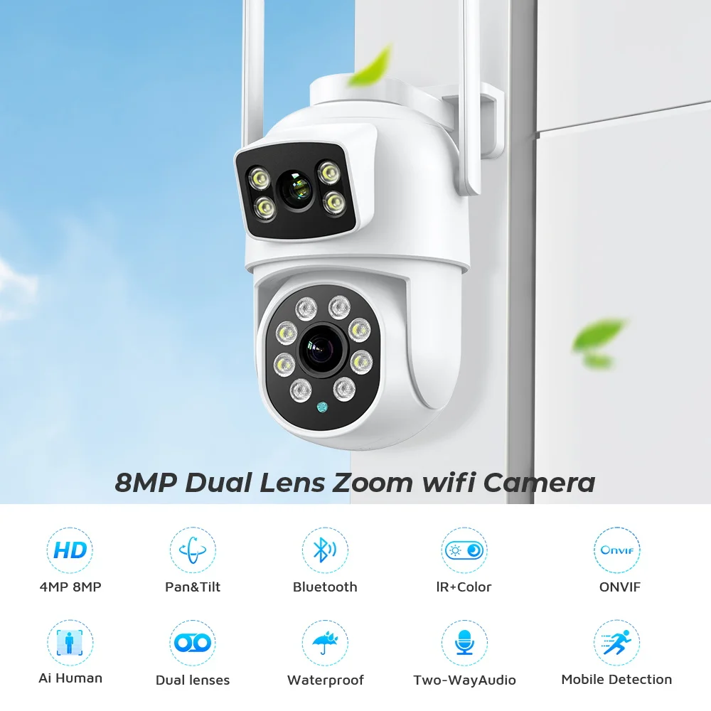 8MP 4K WIFI IP Camera Dual Lens PTZ Outdoor Wireless Surveillance Camera Auto Tracking Night Vision Home Security Monitor iCSee