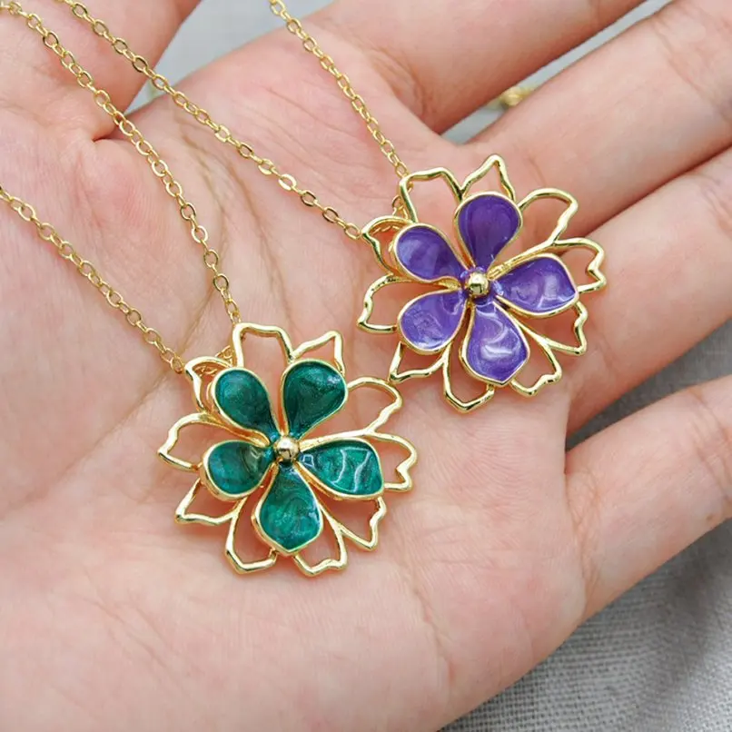 

Enamel Flower Plant Copper Gold Color Chain Necklace 18+2inch Jewelry Special Gift For Women