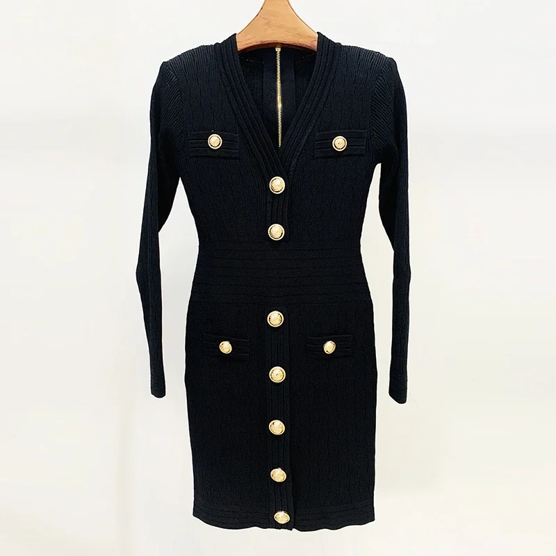 

HIGH STREET Newest 2024 Runway Designer Fashion Women's Long Sleeve V Neck Metal Lion Buttons Knitted Dress