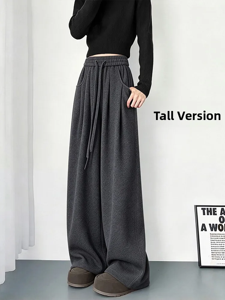 High Waist Wide Leg Pants Women's Autumn Winter Loose Fit Draped Straight Cut Trousers Long Grey Color Casual Comfortable Kni...