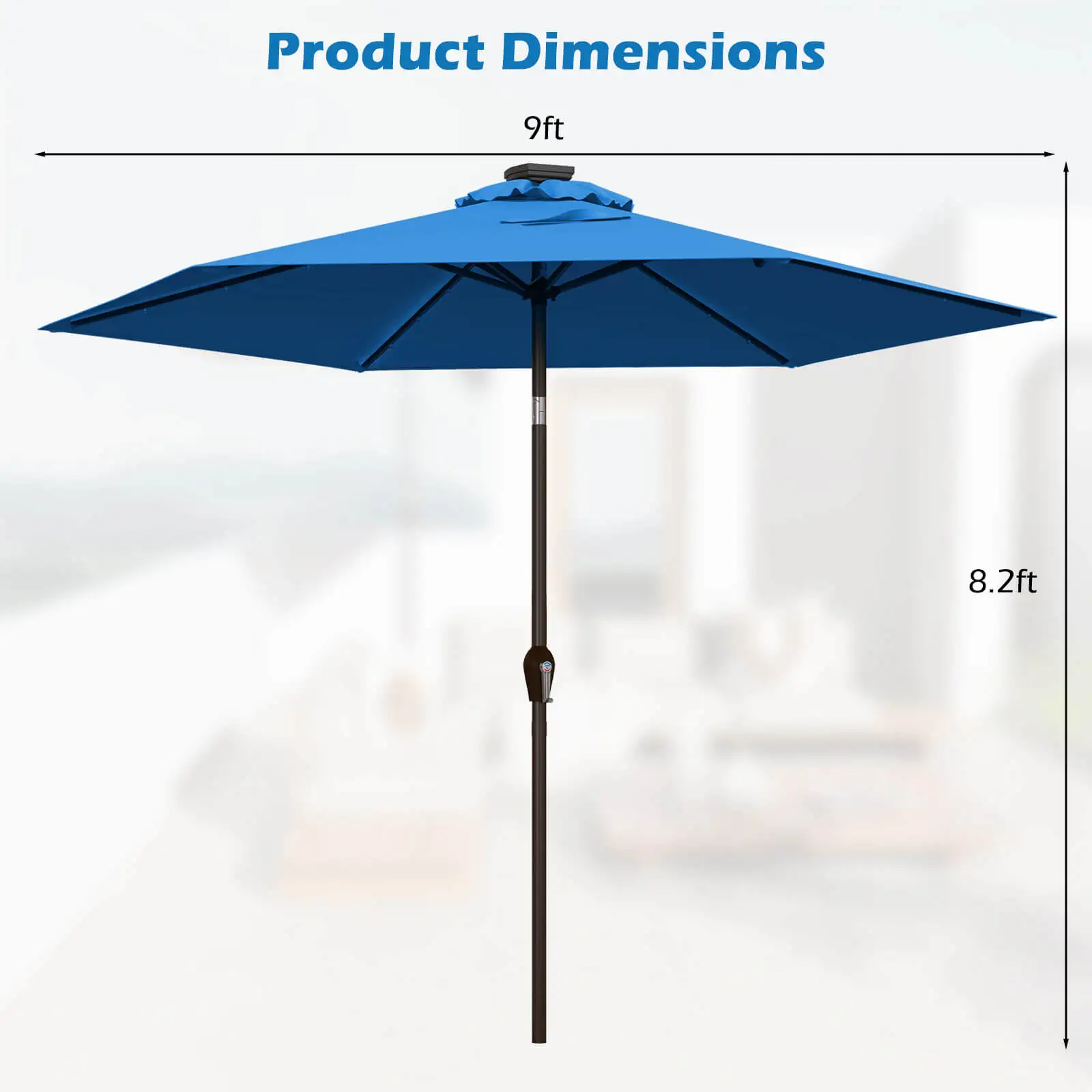 9' Solar LED Lighted Patio Market Umbrella Tilt Adjustment Crank Lift Blue