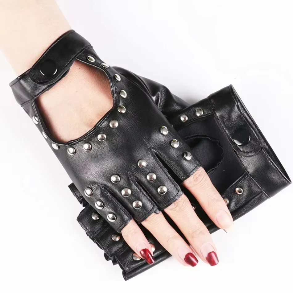 Fashion Fingerless Gloves With Studs Pu Leather Motorbike Riding Gloves Woman Cool Rivets Dance Gloves Motorcycle Accessories