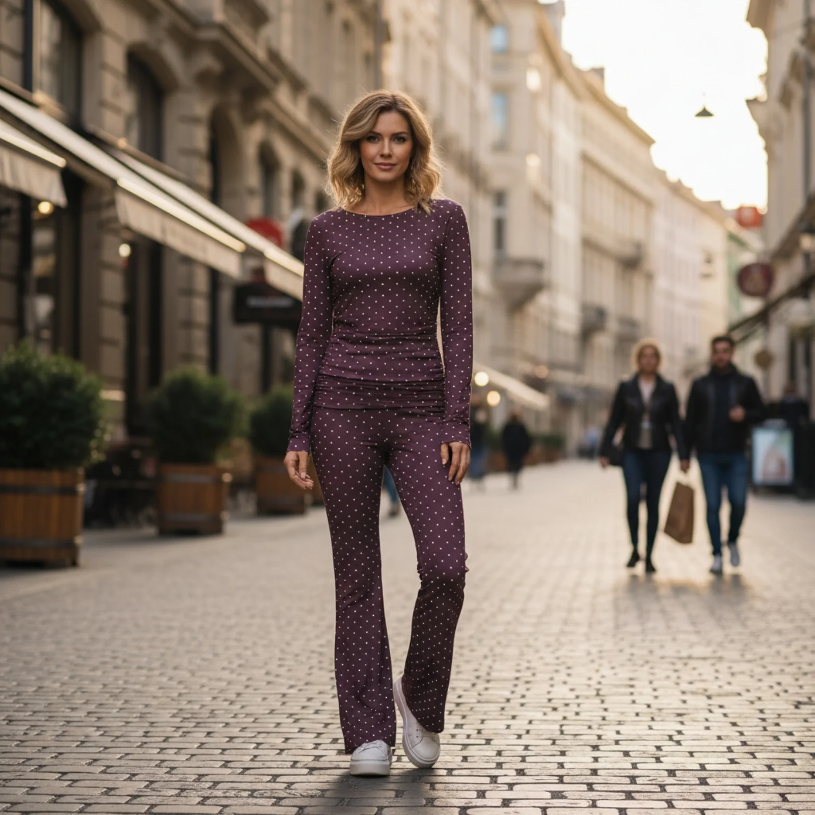

Fashion Street 2 Piece Casual Outfits for Women Long Sleeve O Neck Dot Print Tops Flared Pants Sets Fall Suits