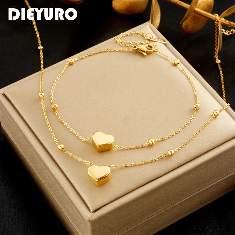 

DIEYURO 316L Stainless Steel Gold Color Heart Love Chain Necklace Bracelets For Women Girl New Fashion Non-fading Jewelry Set