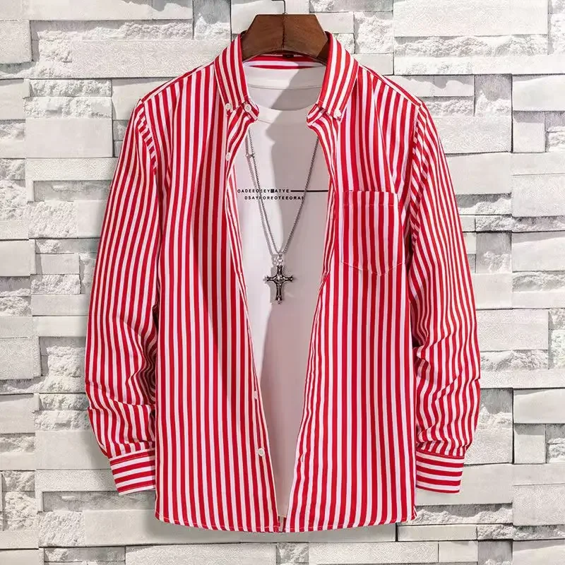 Men\'s Striped Shirt Long Sleeve Print Shirts All-Match Slim Fit Fashion Korean Non-iron Casual Formale Business Dress Shirts