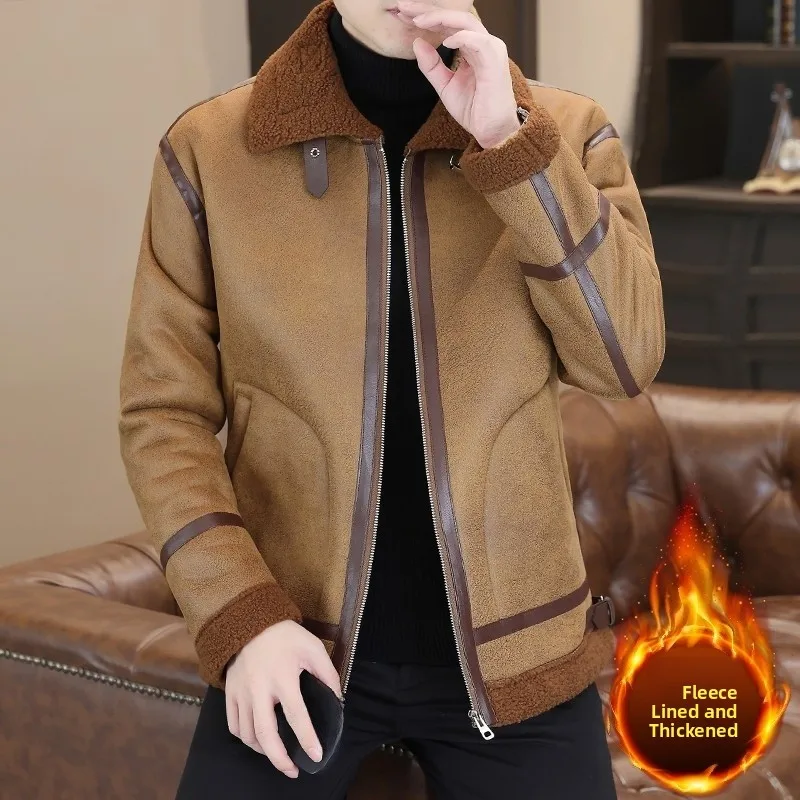 

Новинка 2023 года, мужская кожаная куртка с мехом Thiened, теплая зимняя куртка из меха ягненка, модное облегающее длинное пальто све, молодежное искусственное пальто...