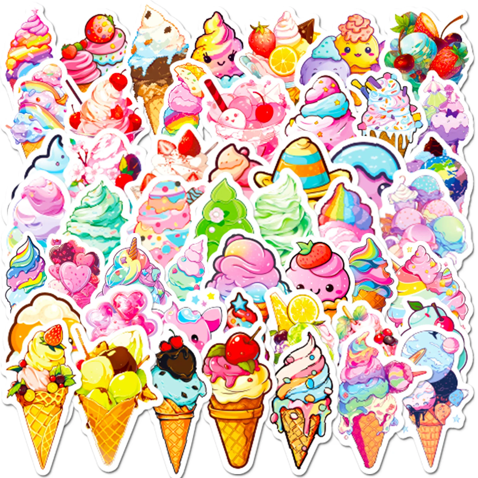 50pcs Colorful Sweet Summer Cone Chocolate Ice Cream Pink Cute Style Graffiti Waterproof Sticker