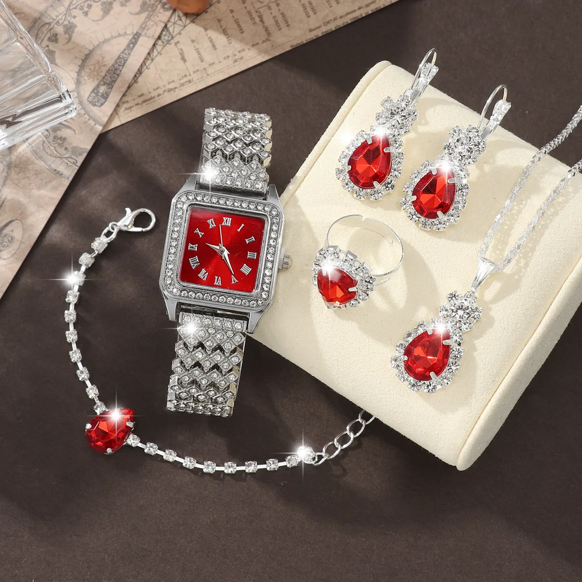 

Новые 5 шт. женские часы с арабскими цифрами, набор ювелирных изделий со стразами, красочные бриллианты, римские цифры, кварцевые наручные часы, изысканный набор