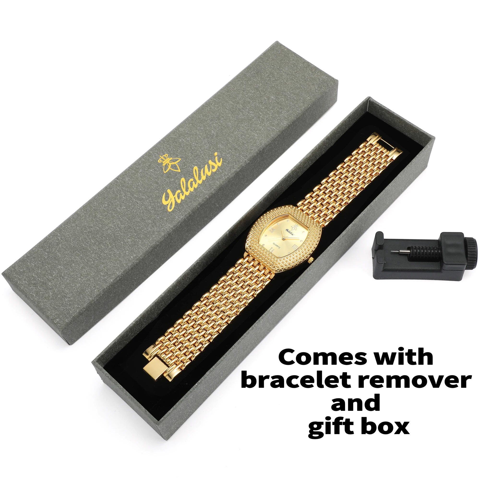 Yalalusi Merk 2024 Populaire Nieuwe Dameshorloge Gouden Luxe Luxe Geschenkdoos Horloge Verwijderaar Cadeau Ion Gold Plating