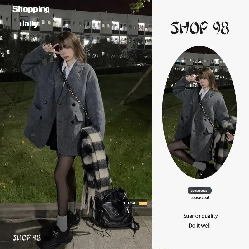 Women's Thickened Short Grey Woolen Suit Jacket 2026 New Style Cleanfit Fashion Autumn Winter Coat for Medium-aged Ladies
